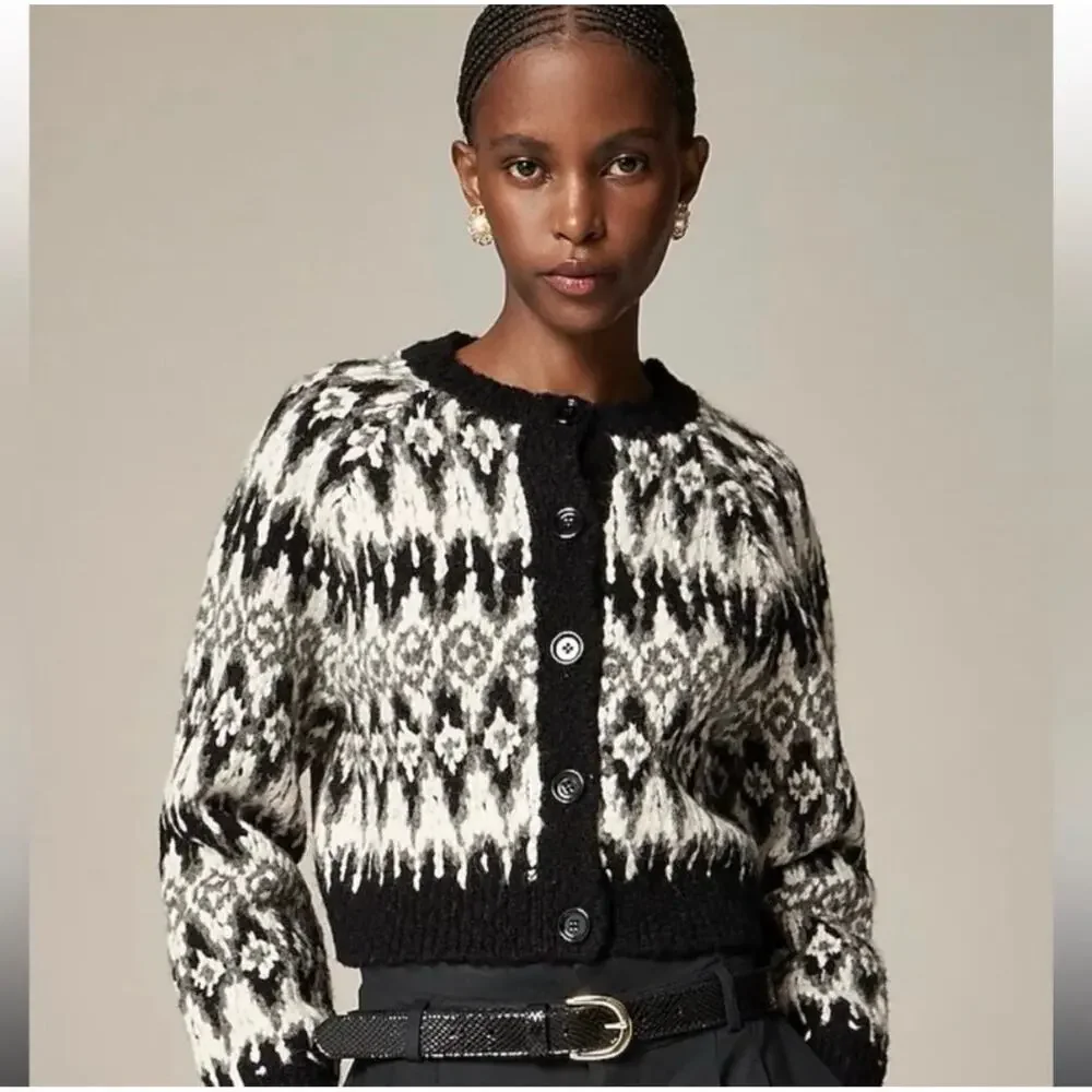 J. CREW Cropped Fair Isle Chunky Cardigan Sweater, New Without Tag, Size Medium